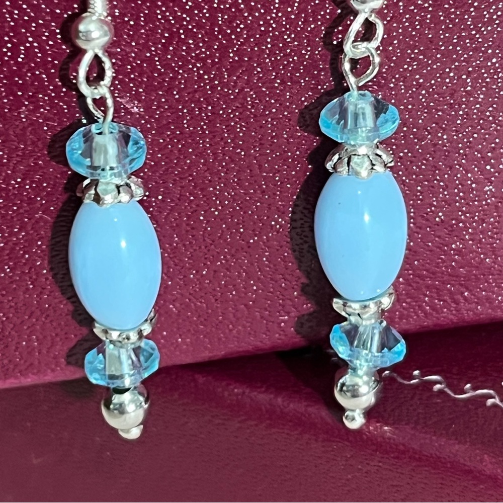 Hand Crafted Sky Blue Bead Earrings Fishhook Style Dangle Pierced Drop Earrings